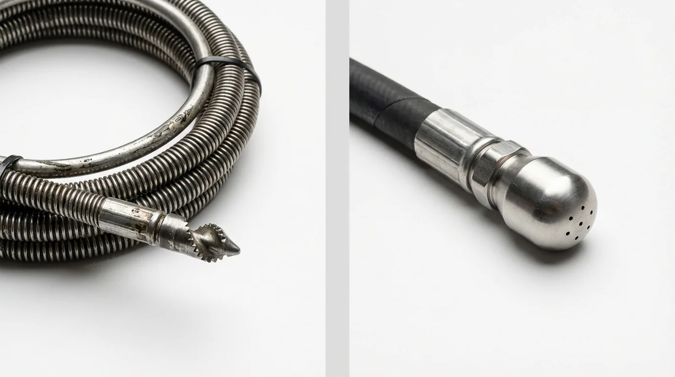 Drain snake cable and hydro jetting nozzle used for drain cleaning in Rancho Cucamonga, CA