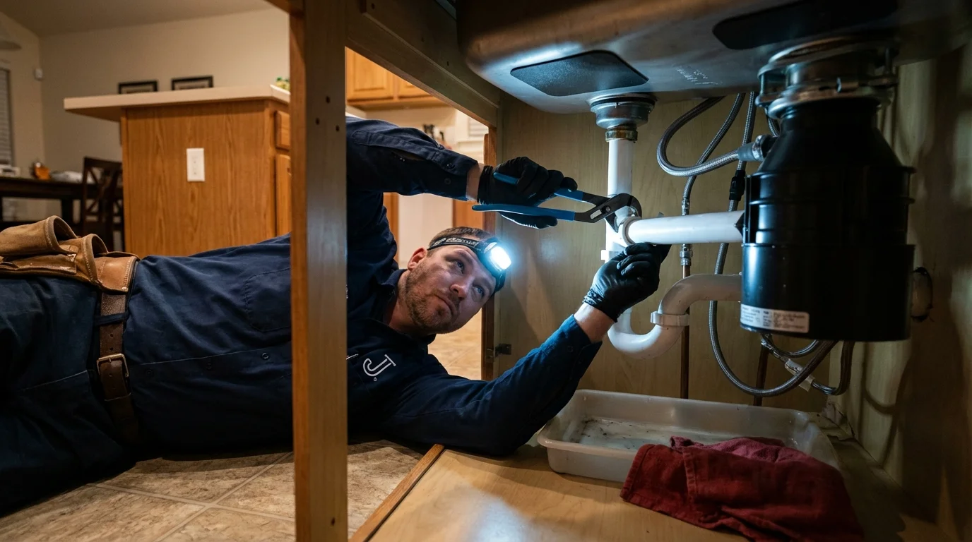 P-trap and supply line connections under a kitchen sink showing a common leak point in Rancho Cucamonga, CA